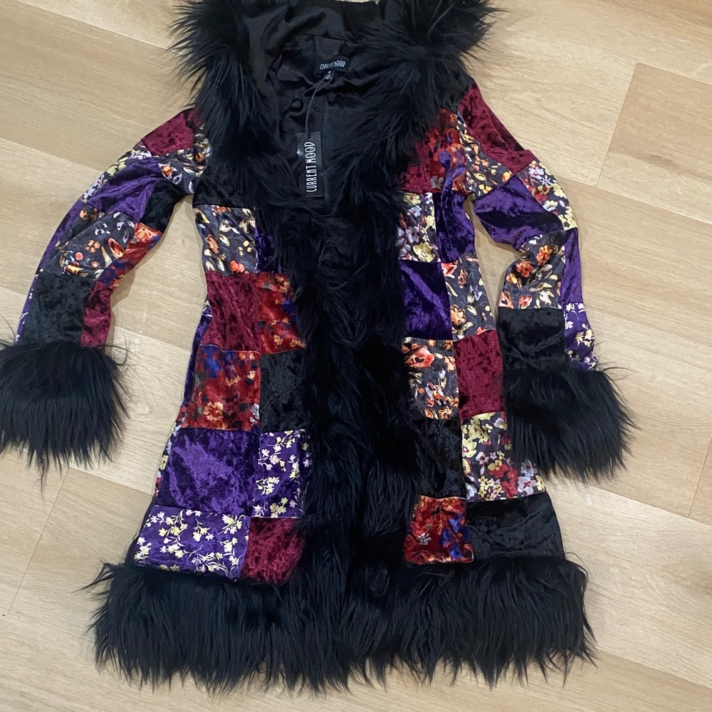 Current Mood Black Faux Fur Trim Patchwork Velvet Coat - Picture 2 of 6
